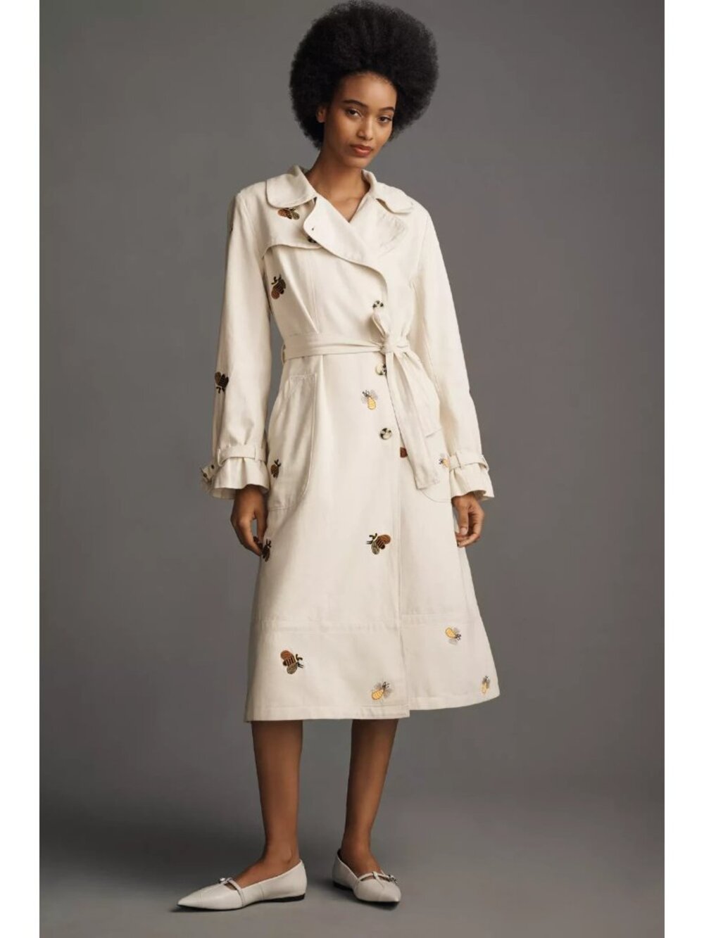 NWT Anthropologie Maeve Embroidered Trench Coat in Khaki Bumblebee Bee Cotton XS